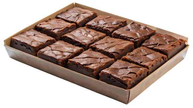 A tray of freshly baked chocolate brownies, cut into squares and arranged neatly, ready to be served as a delicious dessert or snack isolated on transparent background