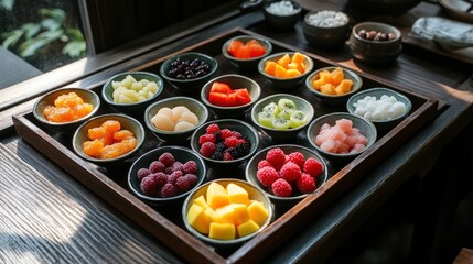 Assorted fresh fruits in small bowls on a wooden tray.
