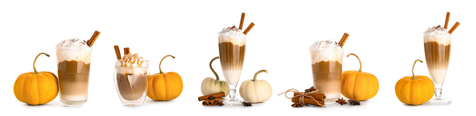 Set of  tasty pumpkin latte on white background