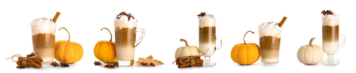 Set of  tasty pumpkin latte on white background