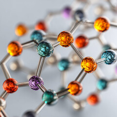 Colorful molecular structure with vibrant spheres connected by metallic bonds, showcasing abstract design that evokes curiosity and creativity