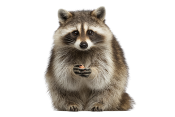 Adorable raccoon sitting, holding a nut, against a transparent background. background removed