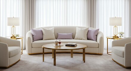 Fototapeta premium Elegant Light-colored Living Room Sofa Set with Gold Accents and Soft Cushions in Bright Modern Space