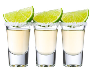 Three refreshing tequila shots garnished with lime slices and salt on the rim, perfect for a festive occasion.