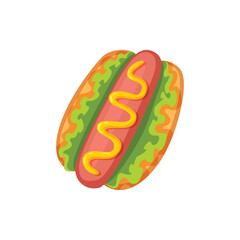 A cartoon hot dog with mustard on a white background