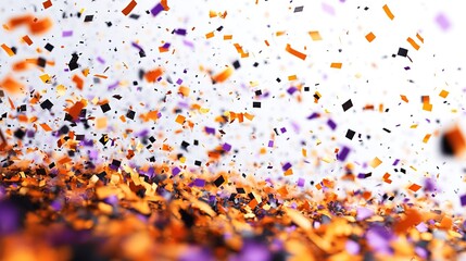 Falling Orange, Purple and Black Confetti on White Background for Celebrations