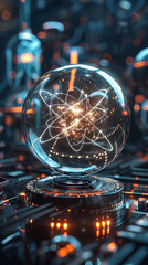 Quantum Innovation: Captivating display of a glowing atomic structure encased within a transparent sphere, showcasing scientific advancement and technological progress.