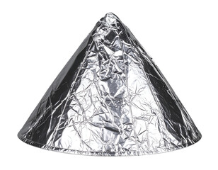 A shiny, metallic cone-shaped object made of foil, reflecting light in an artistic and abstract manner.