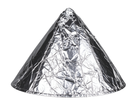 A shiny, metallic cone-shaped object made of foil, reflecting light in an artistic and abstract manner.