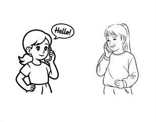 Girls talking on the phone, black and white line art illustration, for communication, friendship, and technology concepts, isolated vector.