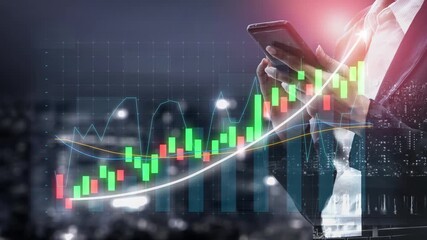 A business professional engages with financial market data on a smartphone, surrounded by stock charts and vibrant city lights, illustrating modern trading practices. Copula - Powered by Adobe