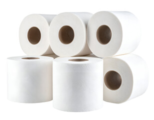 A stack of six rolls of white paper towels arranged in a visually appealing manner on a neutral background.