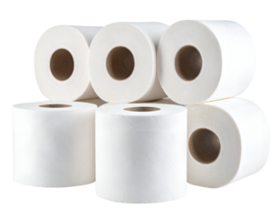 A stack of six rolls of white paper towels arranged in a visually appealing manner on a neutral background.