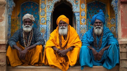 Naklejka premium Three elderly men in colorful Indian traditional robes sitting in front of decorative historical architecture. cultural heritage spirituality wisdom portrait.