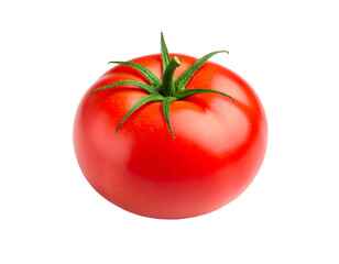 Vibrant red tomato with green leaves showcasing its fresh and juicy appearance against a clean background.