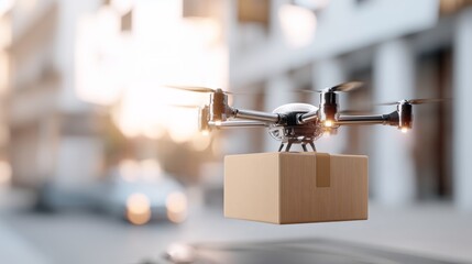 Drone flying in city carrying cardboard box autonomous delivery logistics smart transport urban innovation future commerce technology concept. 