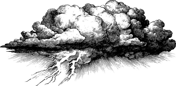Vintage thunderstorm cloud with lightning in hand drawn etching style for weather design