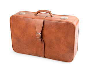 Brown retro leather suitcase on white background