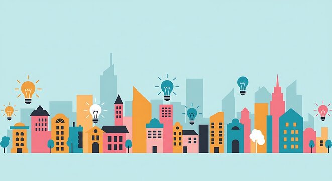 Colorful Cityscape Silhouette with Glowing Light Bulbs - Powered by Adobe