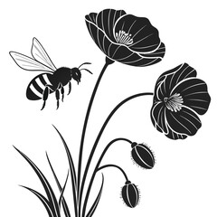 Bee near cluster of poppies silhouette