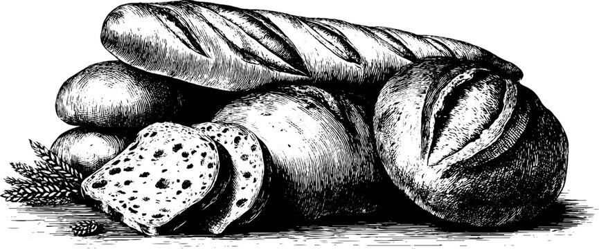 Artisan bread collection with baguette, round rye loaf, and slices for bakery design