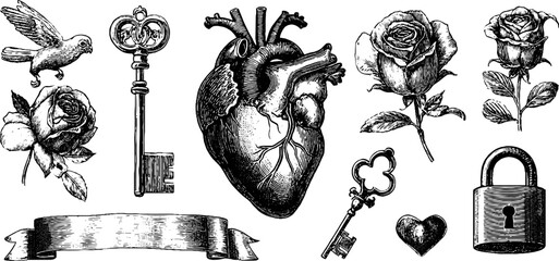 Vintage engraving of cupid with anatomical heart and romantic symbols for holiday card design