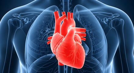 Human Heart Anatomy in Red within X-Ray Blue Torso