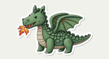 Obraz premium Plush Green Dragon Toy Spitting Fire Illustration for Children's Fantasy