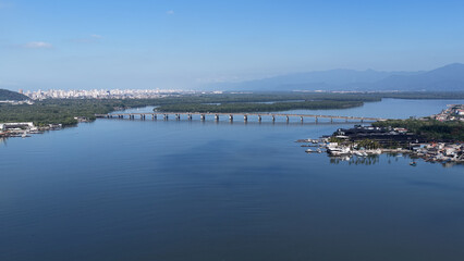 Pensil Bridge At Sao Vicente In Sao Paulo Brazil. Beach Landscape. Downtown Seascape. Travel Destination. Pensil Bridge At Sao Vicente In Sao Paulo Brazil. Cable Bridge Skyline.