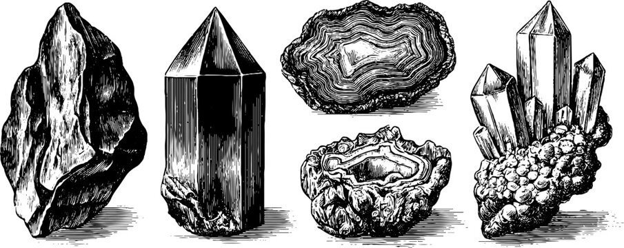 Vintage engraved illustration of obsidian, shard, and jasper stones for retro design