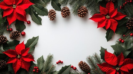Christmas Border with Poinsettias, Pine Cones, Holly and Berries on White Background
