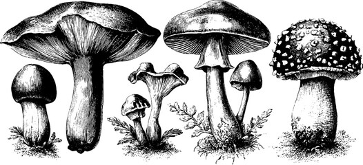 Vintage mushroom illustration set featuring porcini and aspen mushrooms - ideal for botanical designs