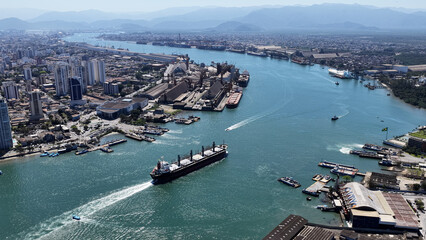 Freight Ship At Santos In Sao Paulo Brazil. Port Of Santos Scenery. Cargo Ship. Maritime Transportation. Freight Ship At Santos. Freight Ship Sailing.