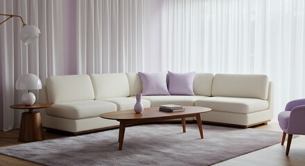 Modern Light Living Room Sofa Set with Purple Accent Pillows and Wooden Coffee Table
