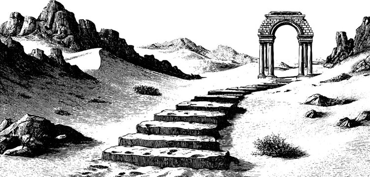 Vintage illustration of sand dunes and ripple marks with ancient archway in desert landscape