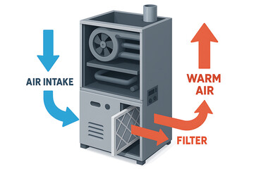 furnace filter air technician hvac maintenance. A diagram showing an air filtration system, illustrating air intake, warm air output, and a filter for improved air quality.