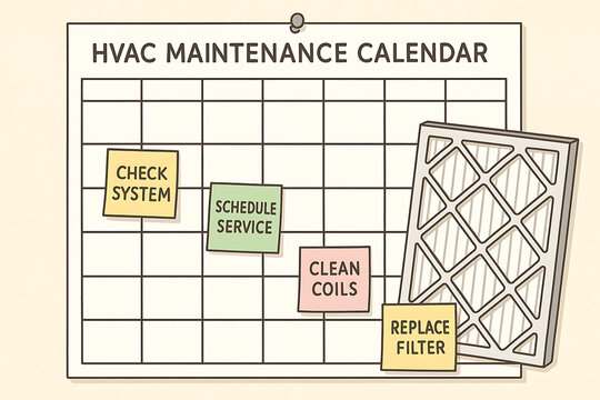 An illustrated HVAC maintenance calendar displaying tasks like checking the system, scheduling service, cleaning coils, and replacing filters.