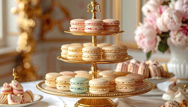 Pastel Macarons on Gold Tiered Stand