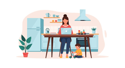vector of Woman Working on Laptop While Child Colors Nearby in Sunlit Home Office with Cozy Decor