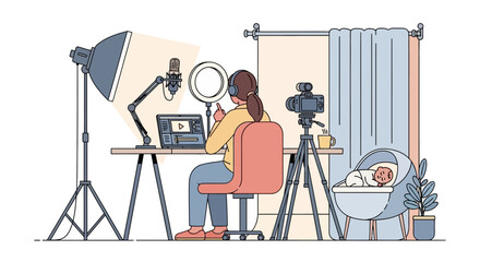 Content Creator Filming Product Review with Ring Light and Blender in Cozy Home Setup