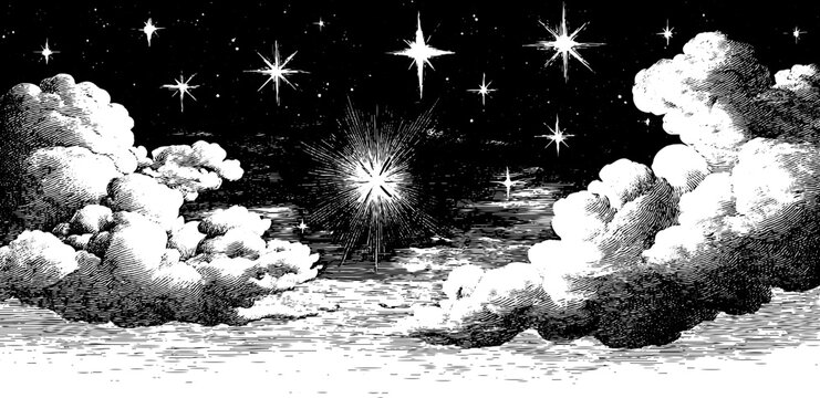 Vintage night sky with stars and clouds - seamless pattern design for decoration