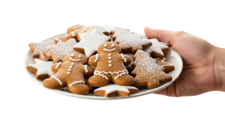 Plate of homemade gingerbread cookies in various festive shapes like gingerbread men and stars, isolated on transparent background