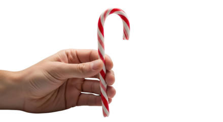 Hand holding a classic red and white striped candy cane, isolated on transparent background