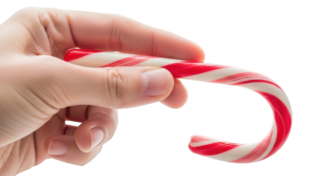 Hand holding a single candy cane with red and white stripes, isolated on transparent background