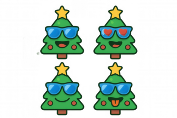 Christmas tree emoji characters wearing sunglasses, celebrating holiday season with diverse facial expressions
