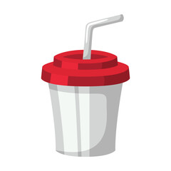 A cartoon illustration of a white disposable cup with a red lid and a white straw