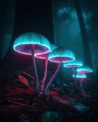Mushrooms glow in the dark forest at night