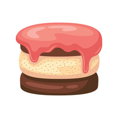 A cartoon macaron with pink icing and three layers