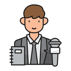 A cartoon man in a suit holds a microphone and a notepad