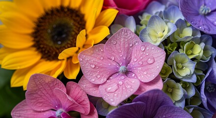 Close-up of a vibrant floral arrangement featuring a bright yellow sunflower, pink and purple hydrangeas, and a pink orchid, all adorned with delicate water droplets.